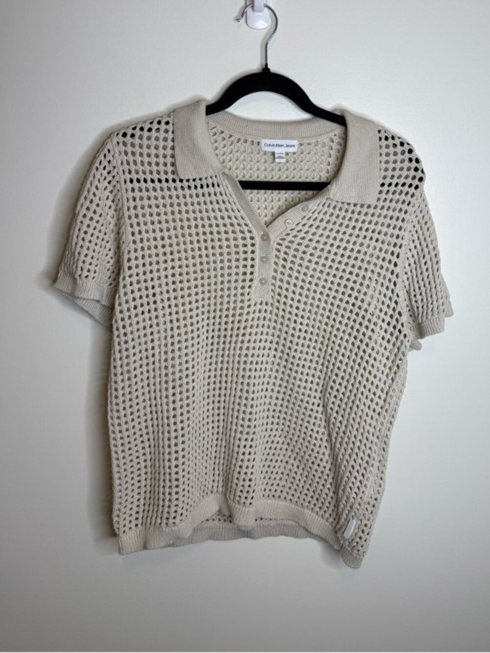 Calvin Klein Jeans Open-Knit Polo Top in Cream size XL